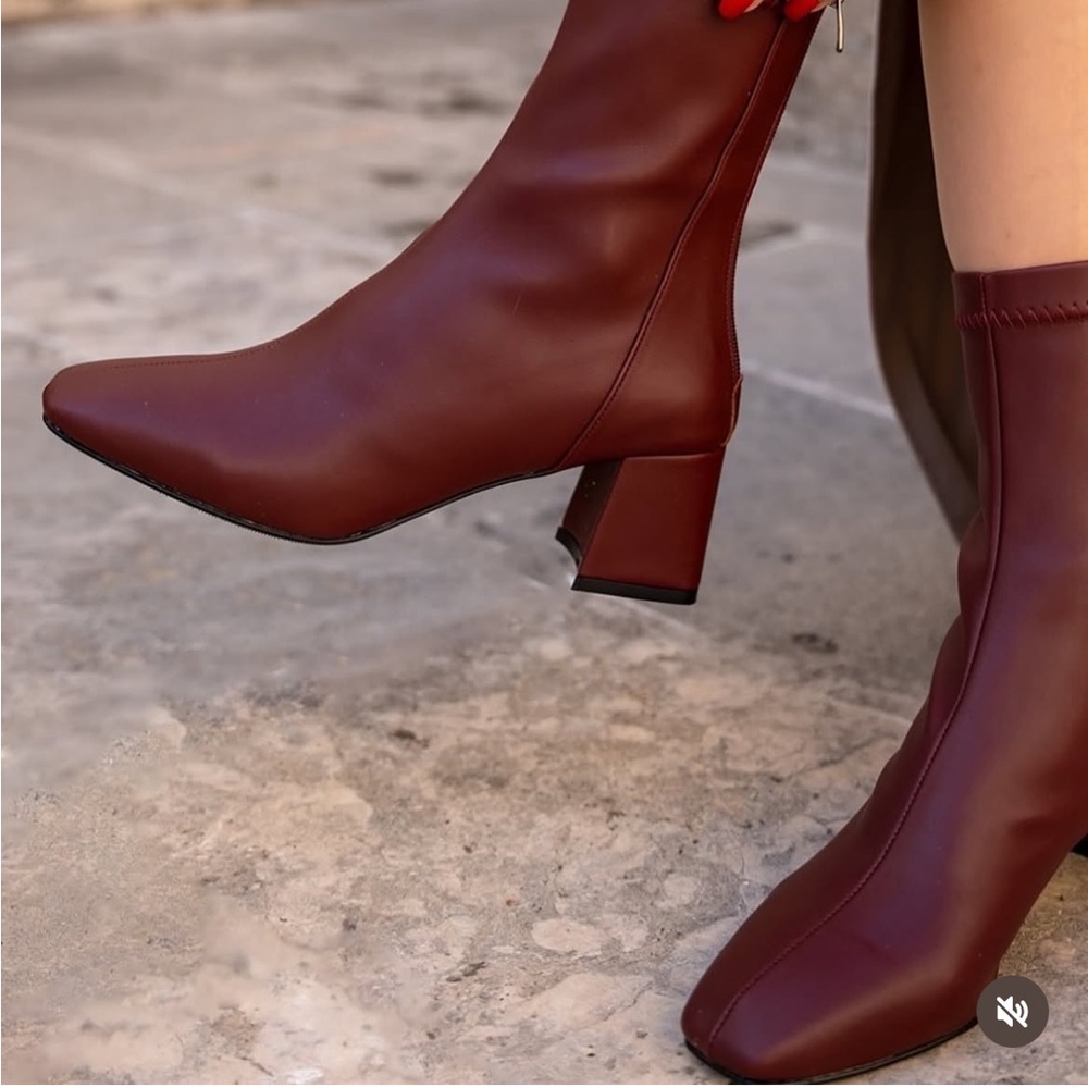 𝗡𝗪𝗢𝗧: Fashion Faux Leather Zipper Ankle Boots Elegant Burgundy Ankle Boots - Picture 6 of 16